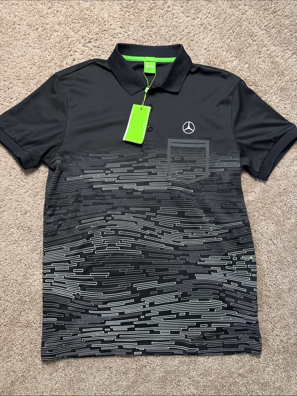 Hugo Boss Black Polo with Gray Wave Graphic and Green Accents